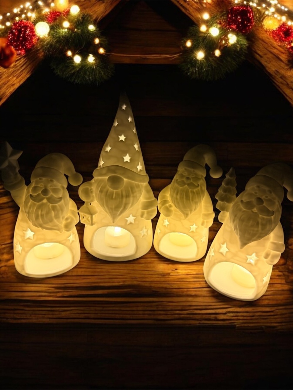 Set of 4 Christmas Gnome LED Tea Light Holders 3D Printed Holiday Decor